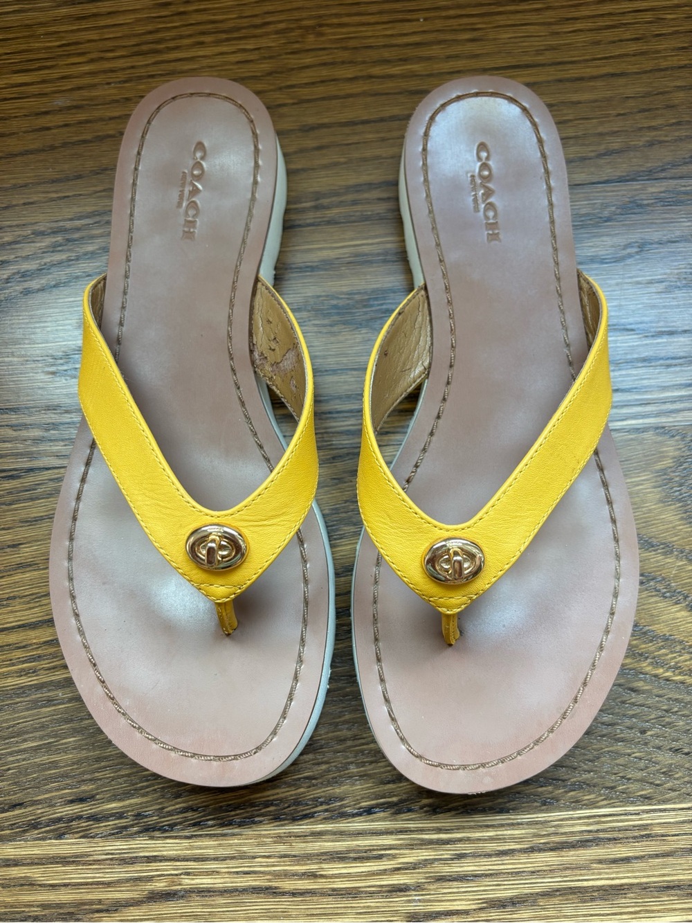 Coach Yellow Leather Thong Sandals with Gold Logo